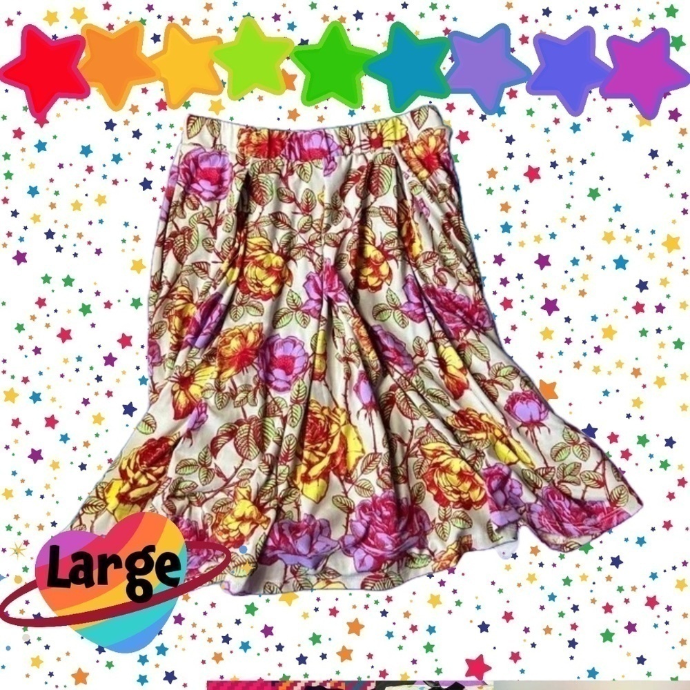 LuLaRoe Madison Midi Skirt with Pockets Cream with Yellow and Purple Roses